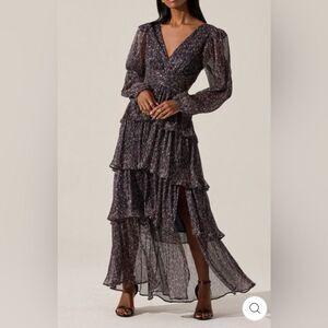 ASTR Anora Metallic Floral Long Sleeve Tiered Maxi Dress Cutout Backless S NWT